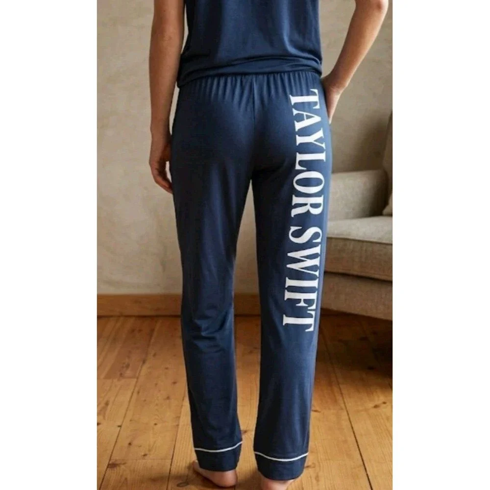 Pj Bottoms Size M Silky Blue Talyor S. Logo Elastic Waist Pockets - Picture 1 of 8